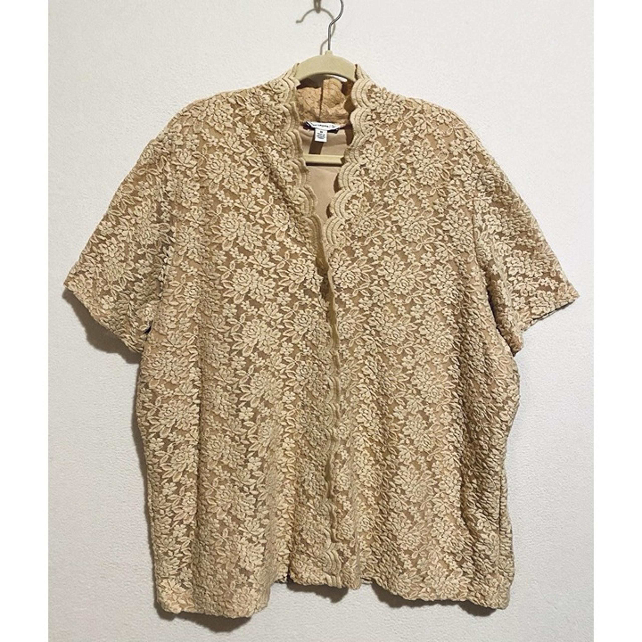 Susan Graver Top Womens 3X Beige Mesh Lace Faux Button Placket Front Old Money
