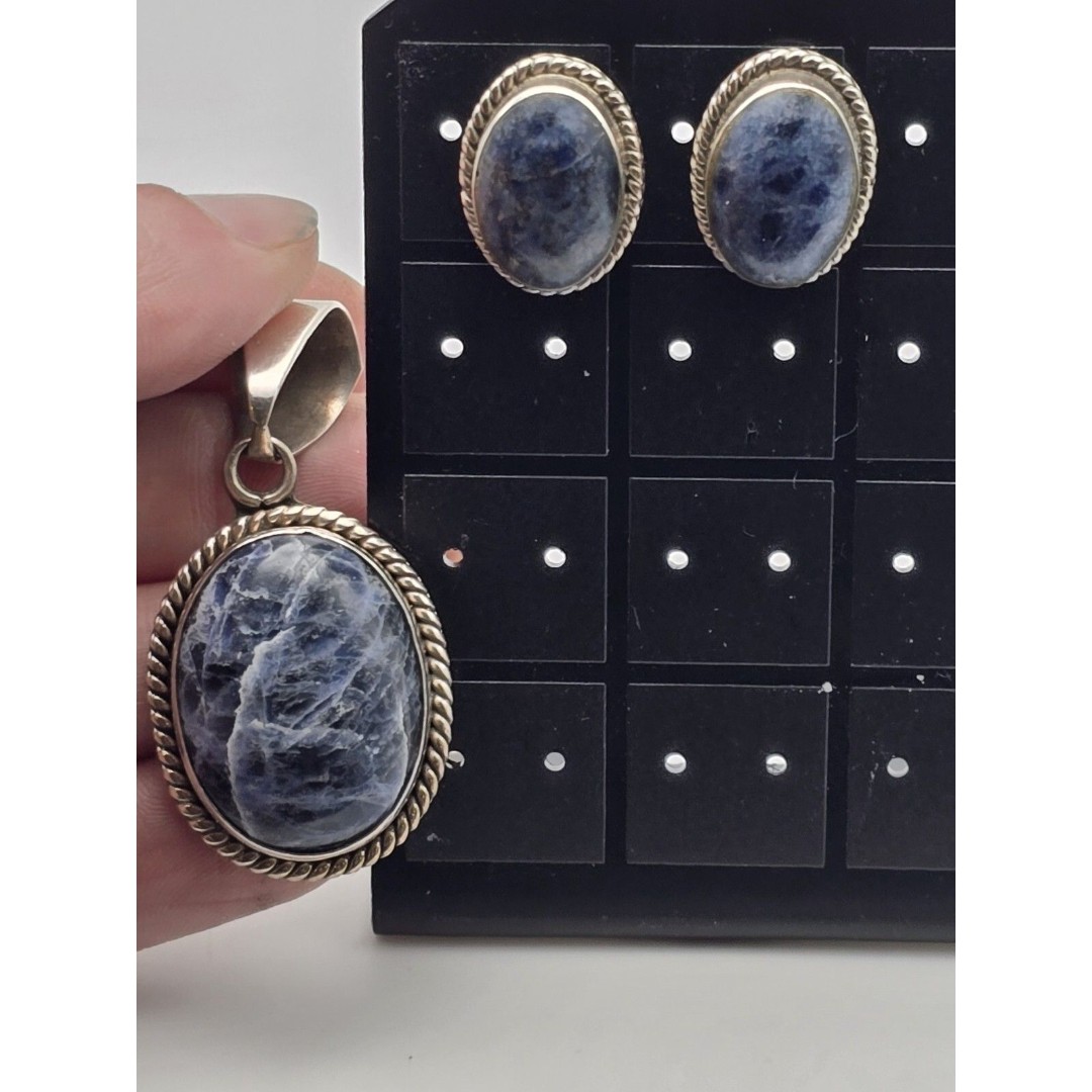 Vintage Taxco Mexico Sterling Silver & Sodalite Earrings & Pendant Set –...