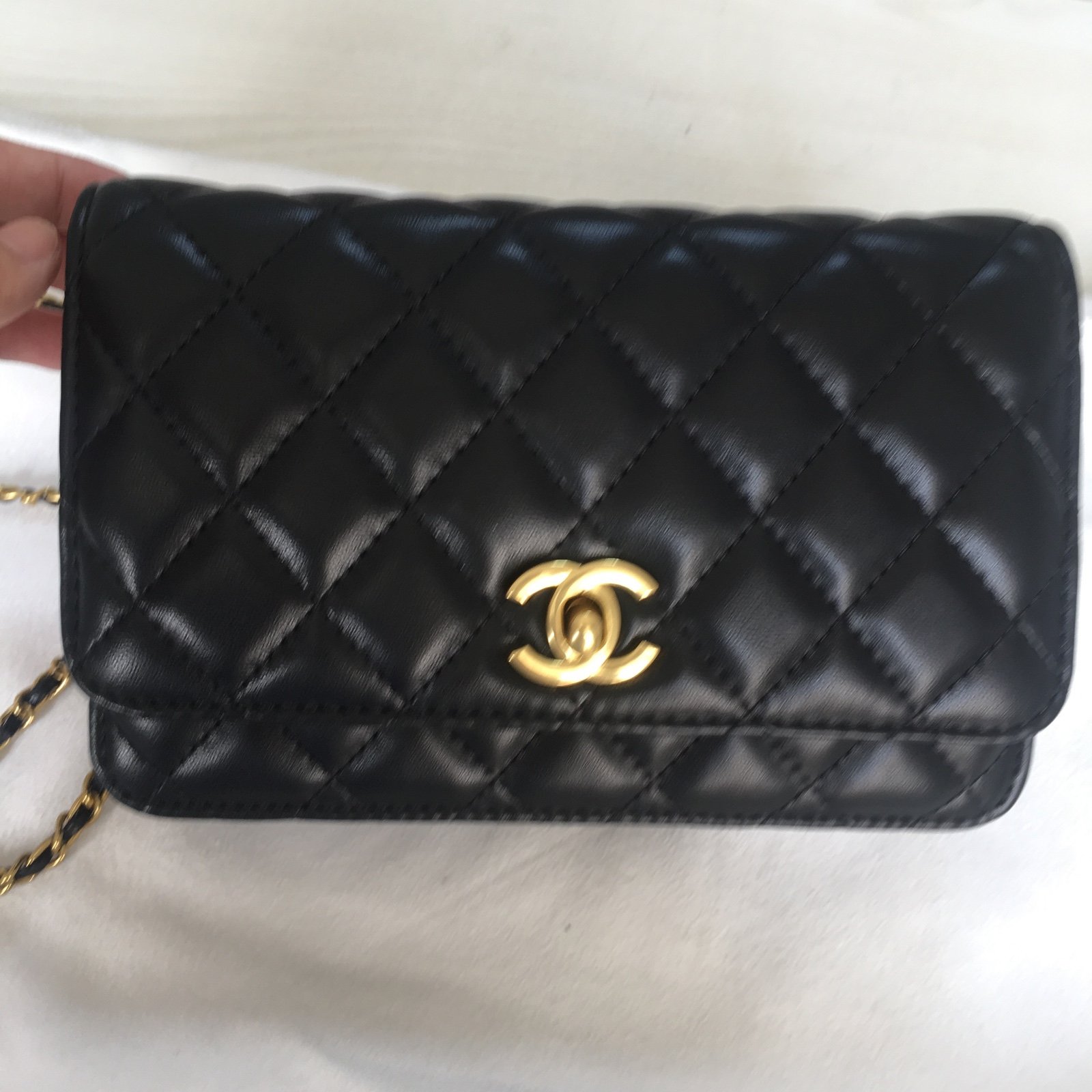 lack Lambskin Quilted Long Wallet on Chain with Card