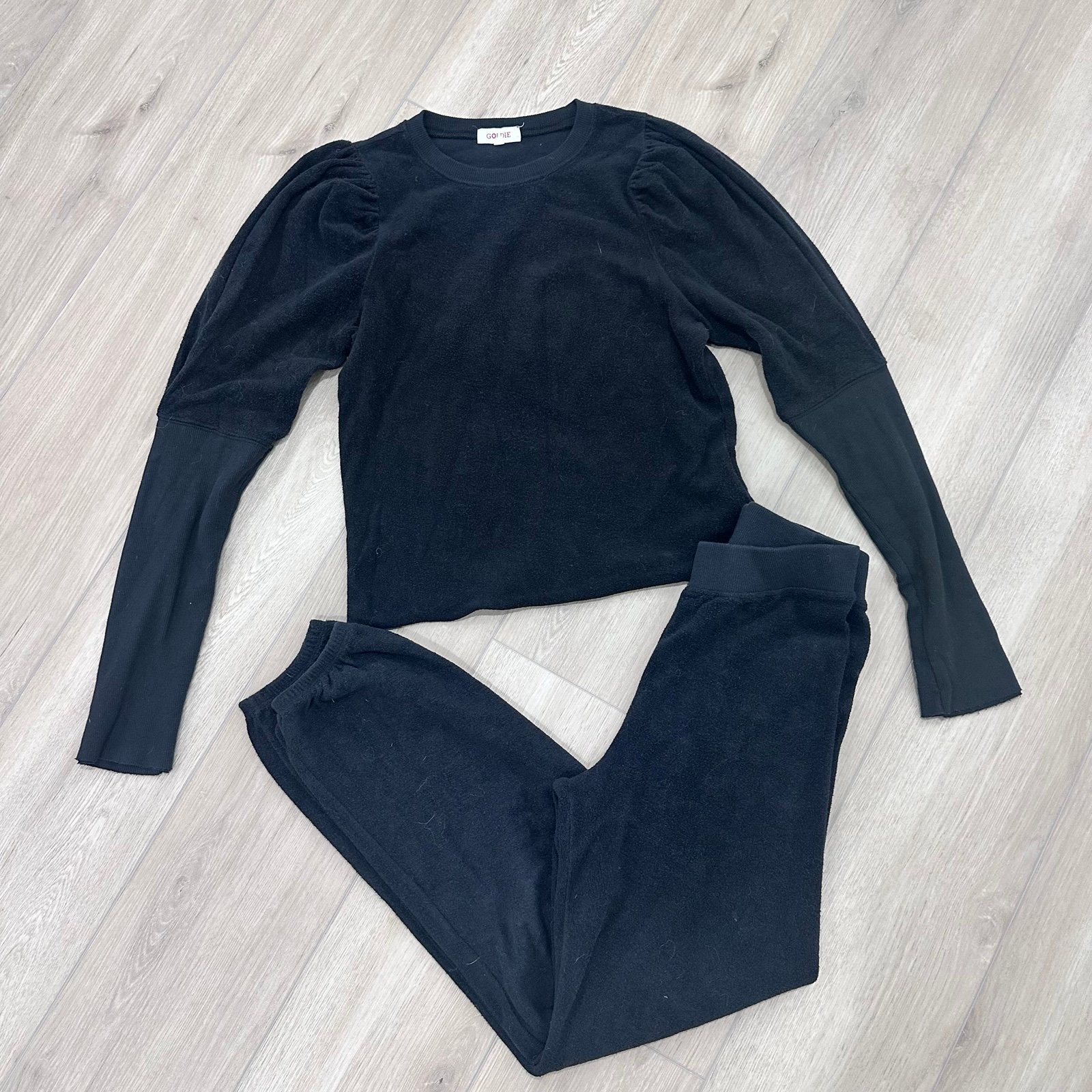 GOLDIE puff sleeve sweatshirt and pants set charcoal grey black XS