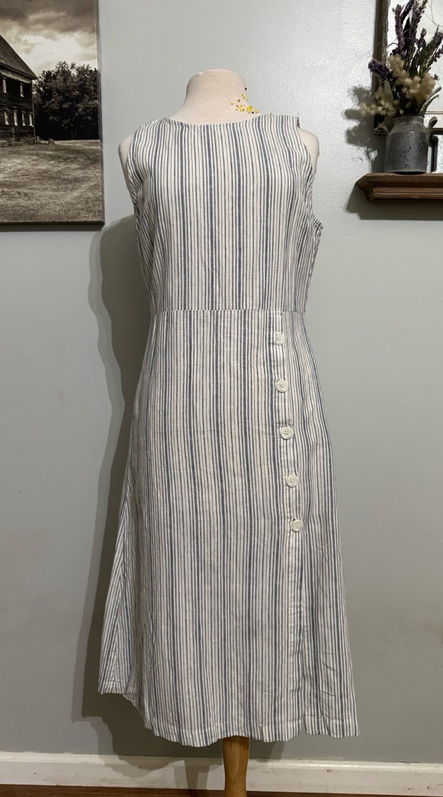 Marine Layer Tenley Midi Dress Moonlight Stripe Blue White button front large