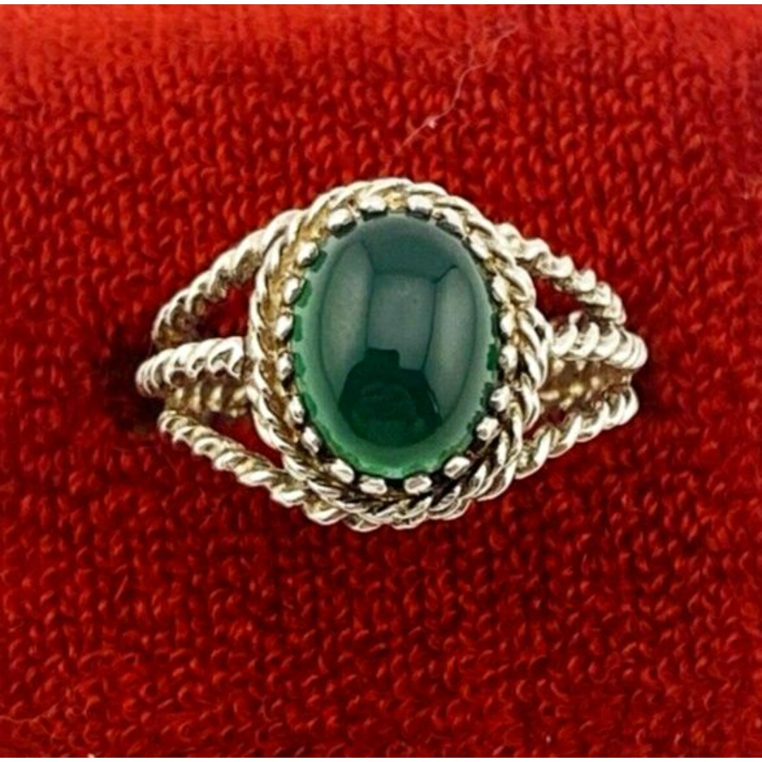 Vintage Green Onyx Sterling Silver Ring Split Shank Rope Pattern Size 5.75