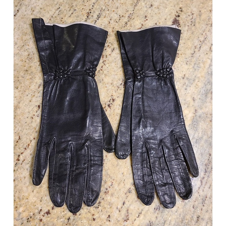 Vintage Size M 7 Black Leather Formal 10.5 Long Gloves Gauntlet Cluster Detail