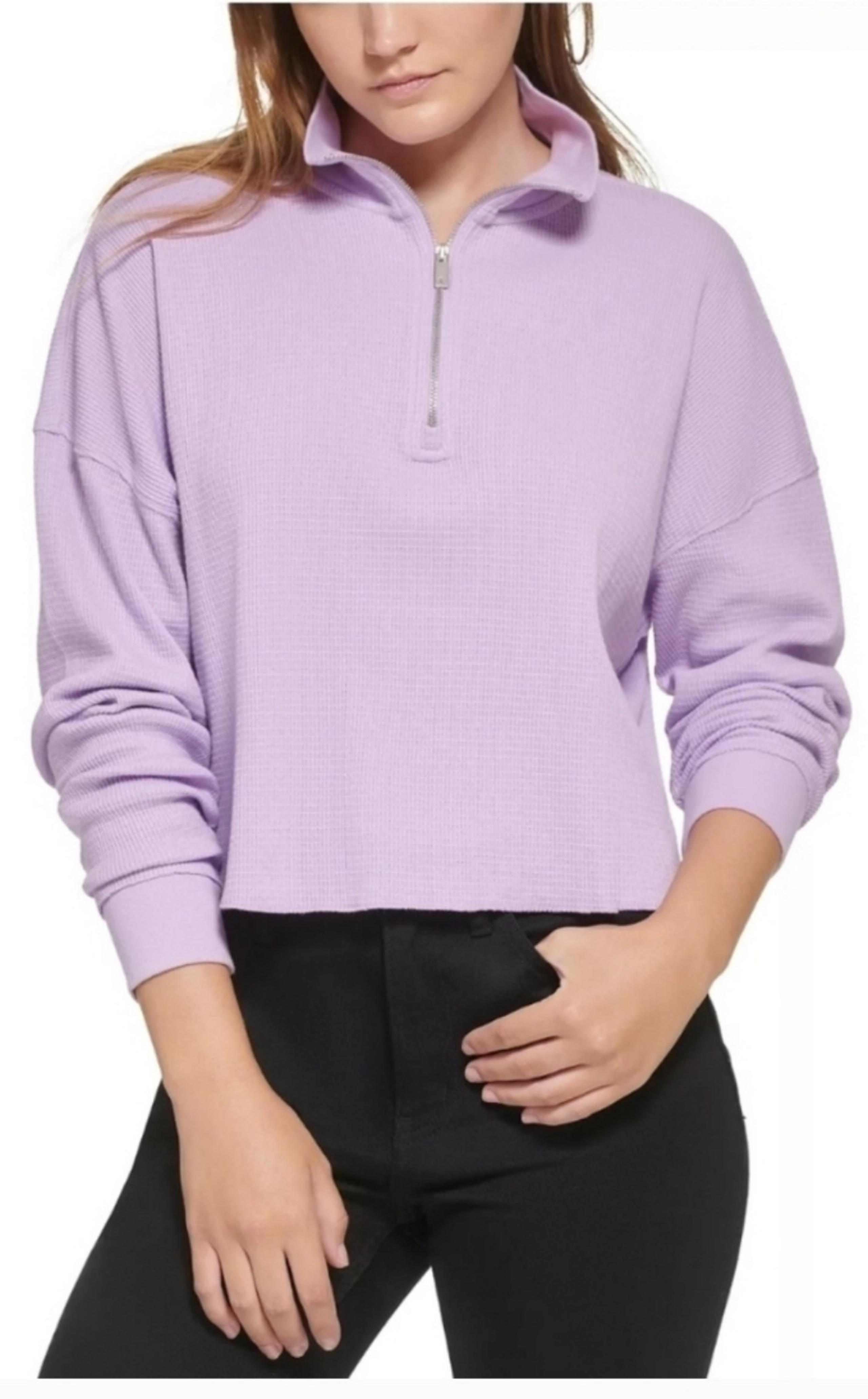 Calvin Klein Jeans Waffle-Knit 1/4 Zip Cropped Shirt In Purple Size Large