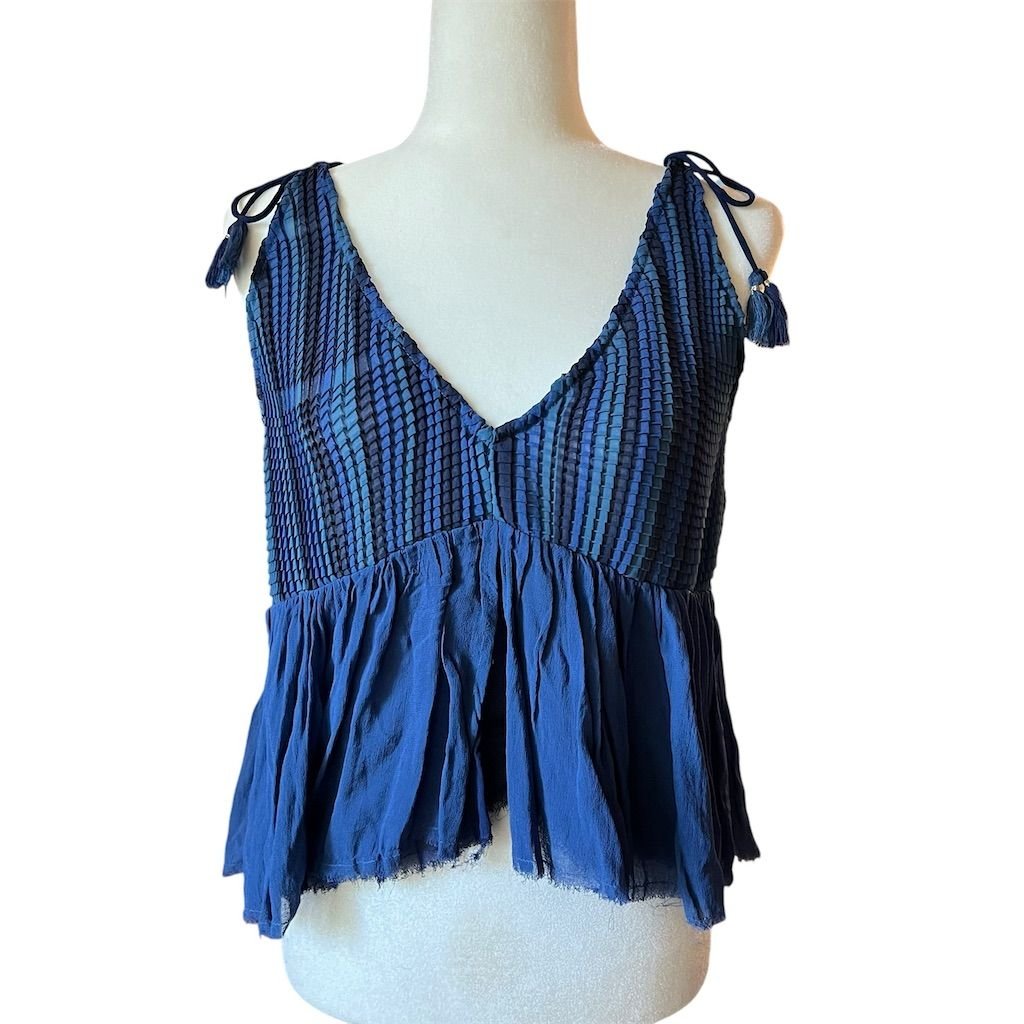 Akemi + Kin Anthropologie Women's XS Blue Pleated Tassel Tank Top Sleeveless