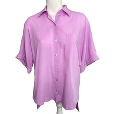 Trina Turk Cotton Button Front Shirt Top Women's MEDIUM Purple Roll Sleeves NEW