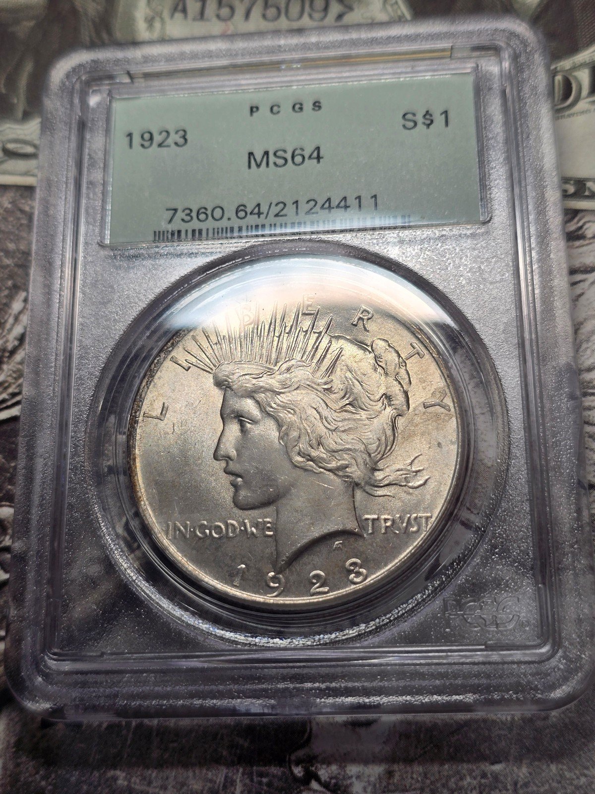 1923 Peace dollar, old green holder