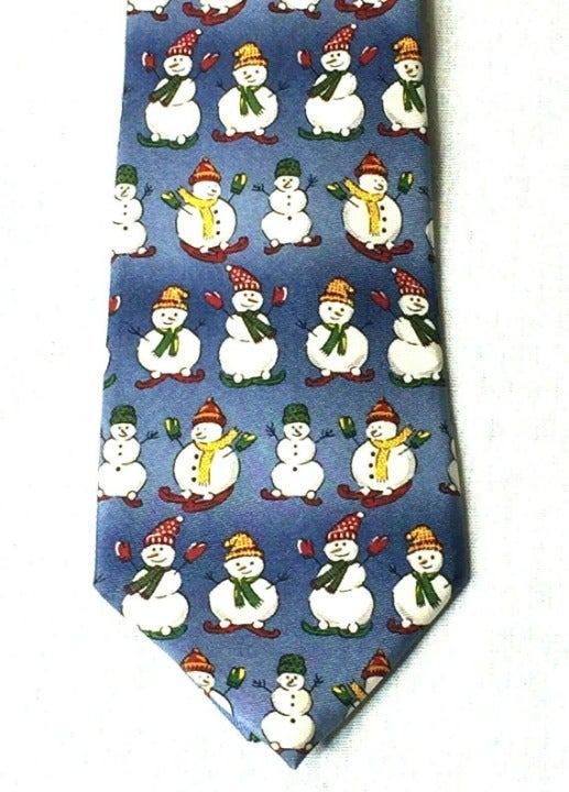 Talbots Kids Boys Neck Tie Blue Snowman Holiday Christmas Printed 100% Silk New
