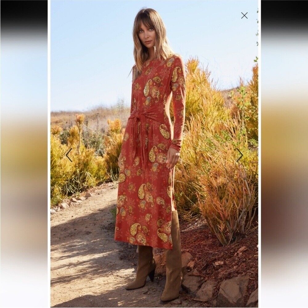 New Johnny Was Paisley Lace Janie Favorite Long Sleeve Tie Front Midi Dress Lg