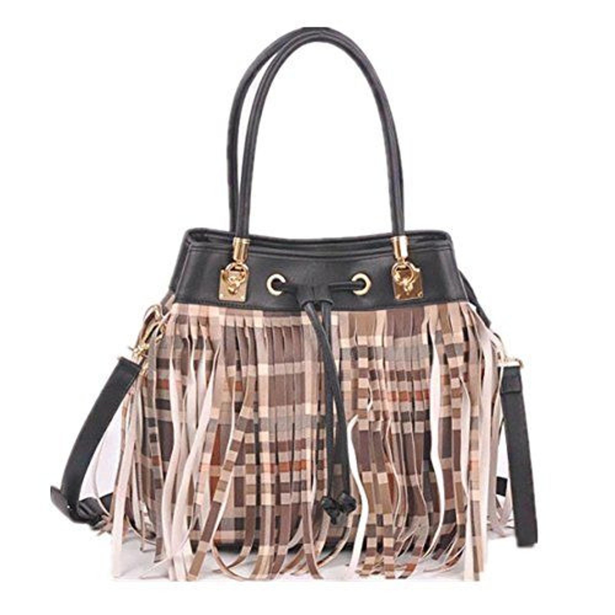 Checkered Print Fringe Drawstring Shoulder Bucket Bag Detachable Strap