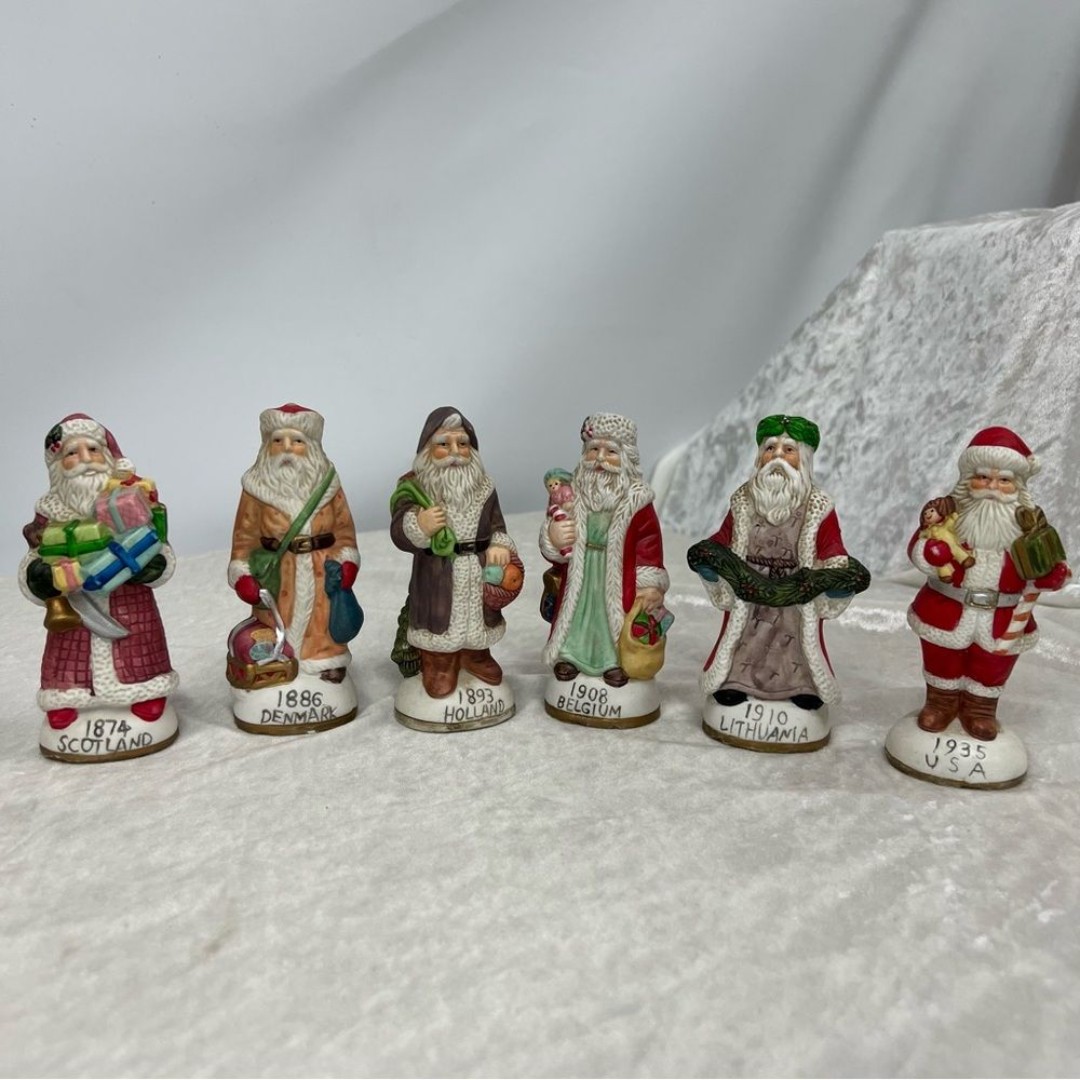 Vintage 6 Santa Claus figurines USA Scotland Denmark Holland Belgium Lithuania