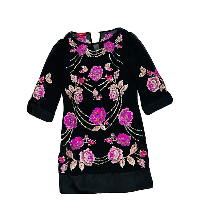 Vintage Monsoon Womens UK 12 Silk Rose Floral Stitched Embellished Dress Black