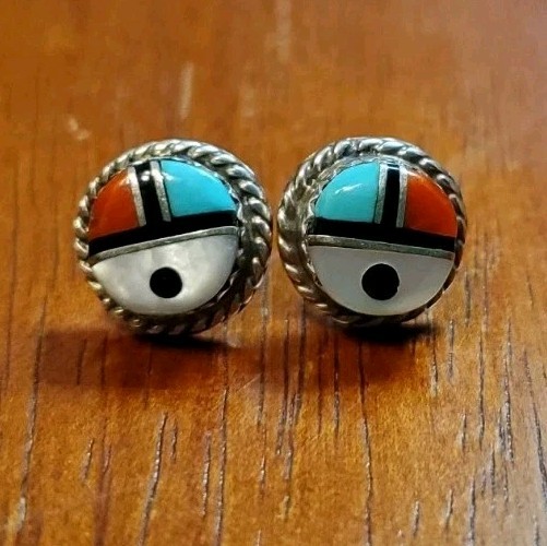 Native American Sunface Zuni Multi inlay Post Turquoise/Onyx /Coral/MOP Earrings