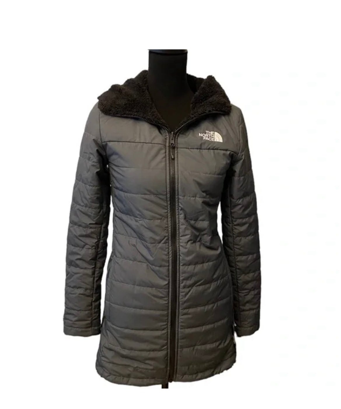 NWT The North Face Women’s Mossbud Reversible Parka, Asphalt Gray/Black, Size XS