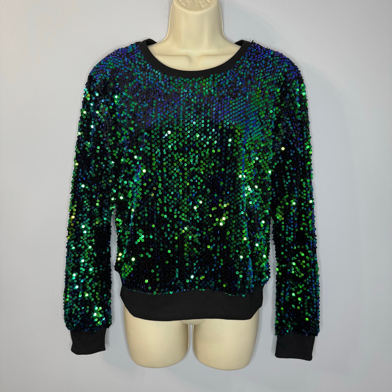 By Anthropologie Sequin Velvet Sweatshirt Green Iridescent Women's M New