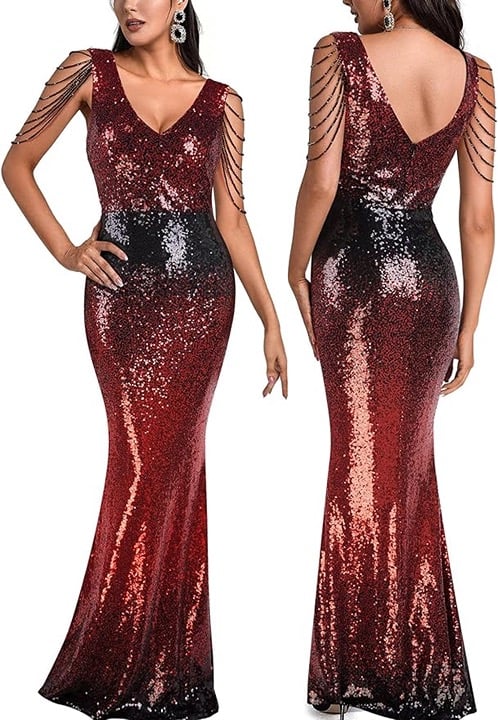 Women 1920s Formal Dress Tassels Sleeve Sequins Gatsby Maxi Evening Go