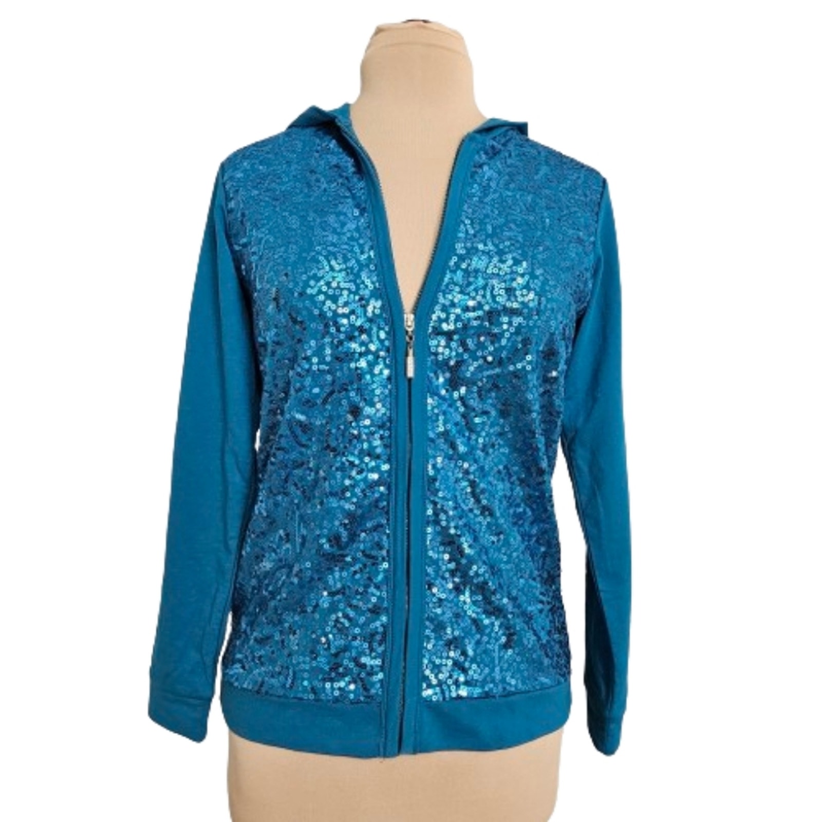 Quacker Factory Jacket Womens Beaded Sequin Hooded Pocket Full Zip Cotton XXS
