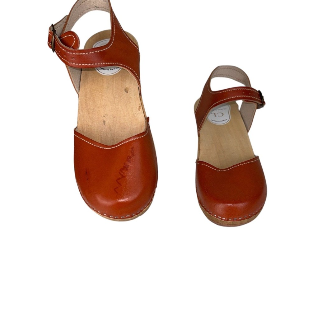 Clogsland Vegan Leather Buckle Ankle Wooden Clogs Tan Brown EU 41 US 9.5-10