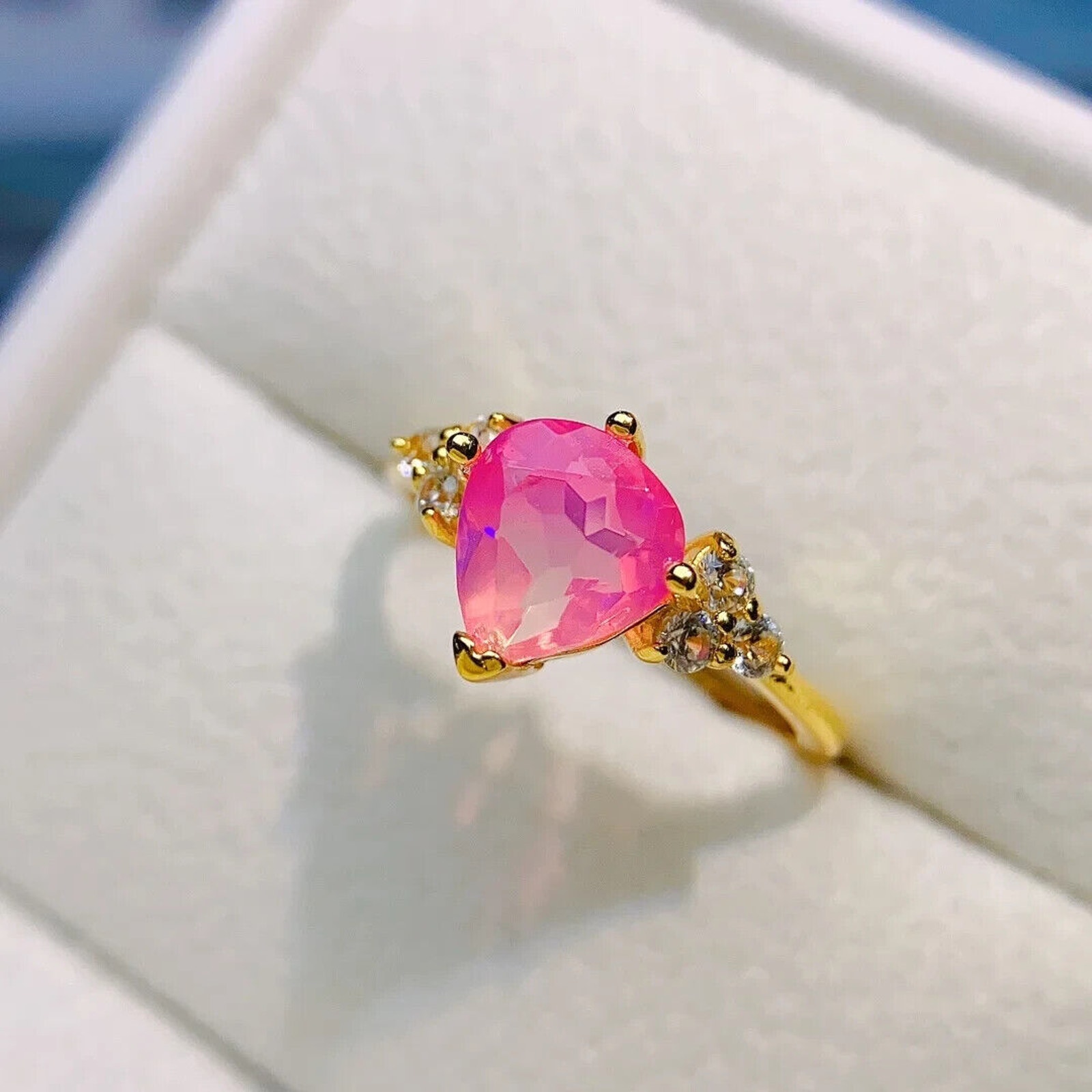Pink Fire Opal Cluster Ring 5x8mm, Natural Pink Fire Opal Ring 925 Sterling