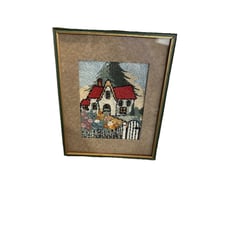 Early 1900s Yarn Tapestry Cottage Piece, Framed