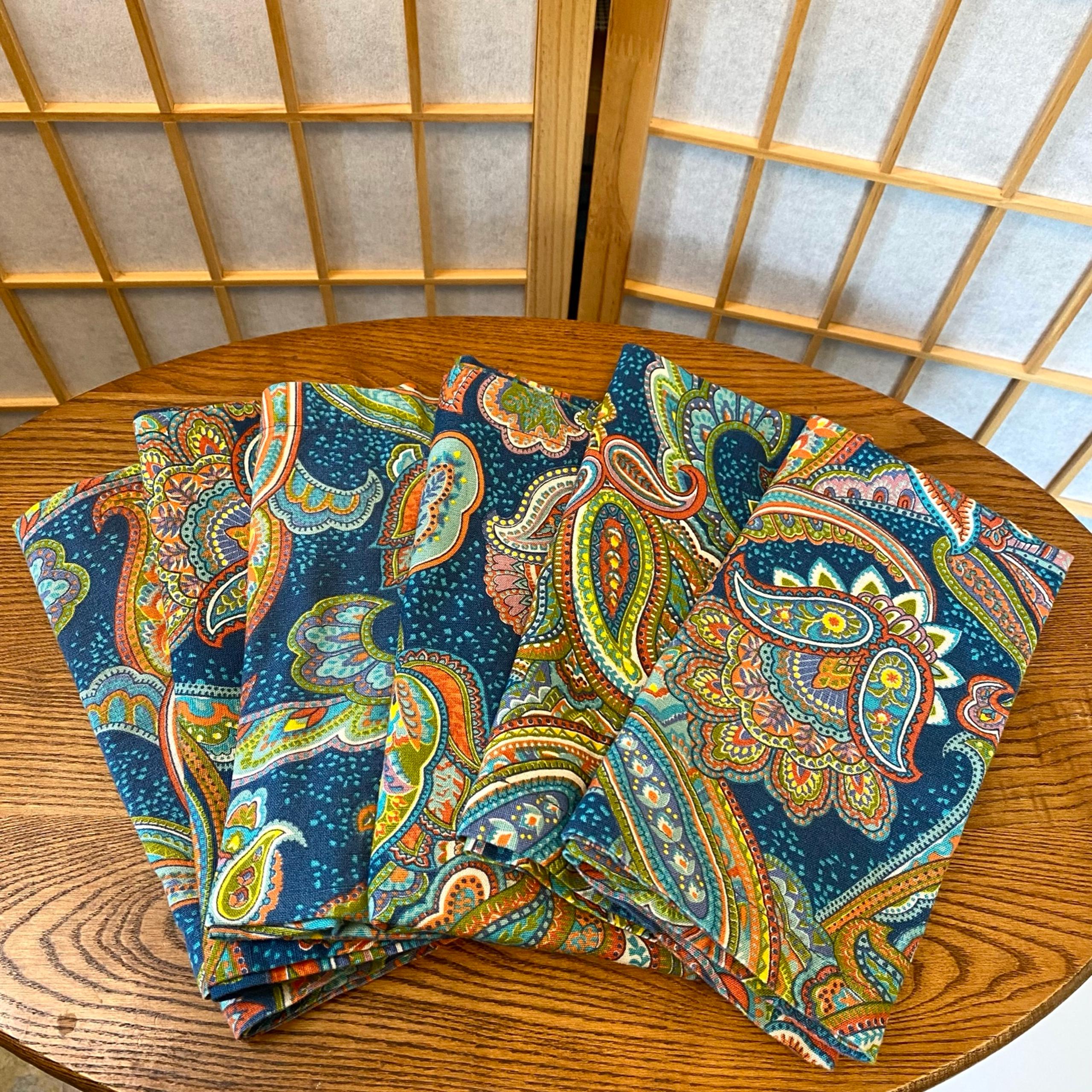 Pottery Barn Blue Multi-Colored Floral Paisley Cloth Napkin Squares, Set of 6