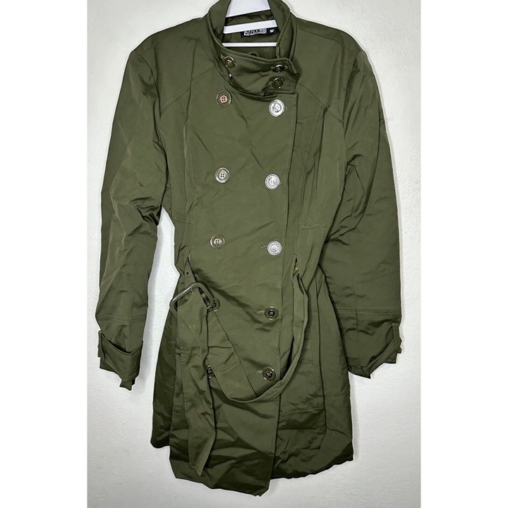 New York & Company Green Belted Long Trench Coat Jacket Size Large