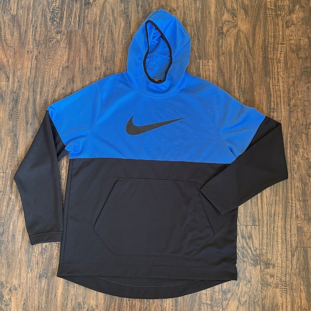 Nike Scuba Hoodie Men’s XL Blue Black Center Swoosh Dri Fit Pullover Pocket