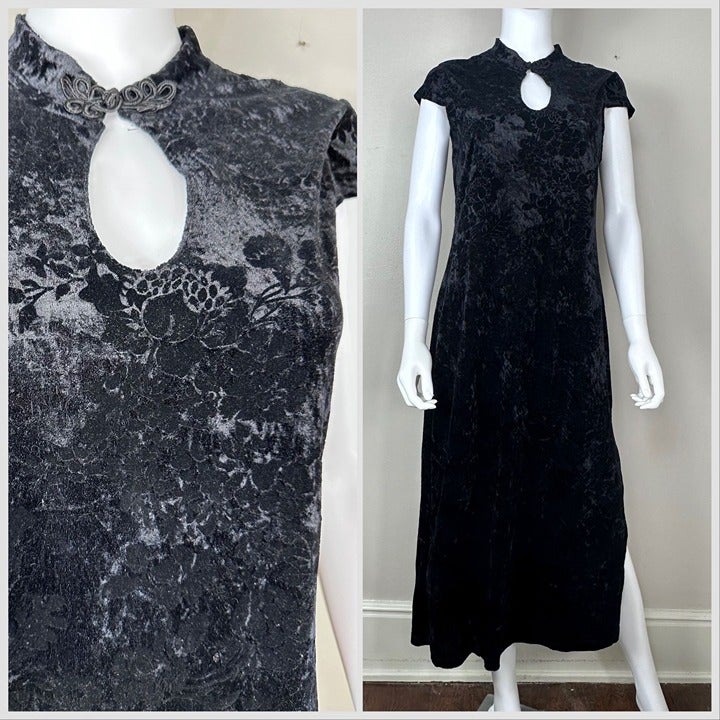 Vintage 1990s Floral Black Velvet Maxi Dress, onn'est pas des ANGES! Size Medium