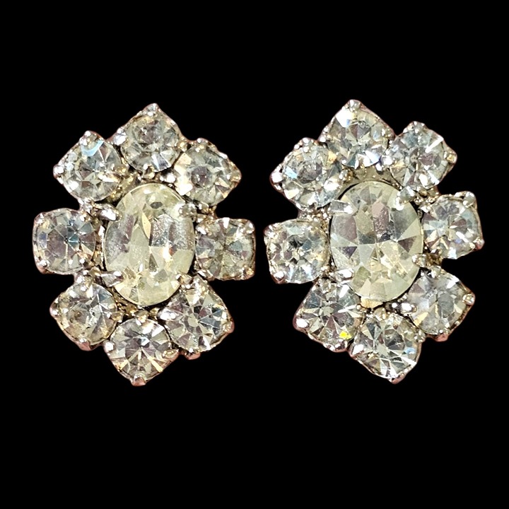 VTG 1950s Kramer New York White Rhinestone Clipon Earrings Mod Formal Evening