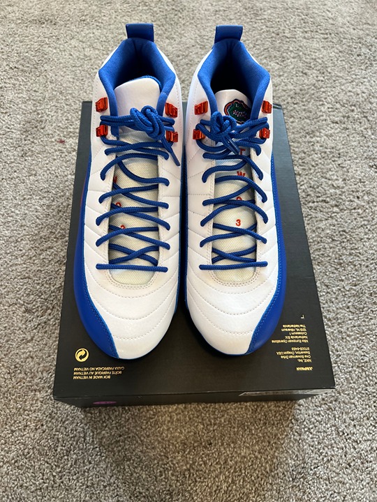 Jordan 12 Alpha 3 Univ of FL PE in White, Royal Blue, and Orange