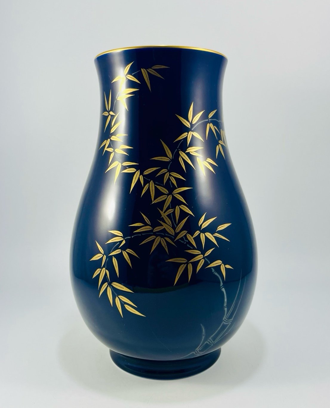 Fukagawa Japan Cobalt Blue Bamboo Gold Trim Vase 9.75”