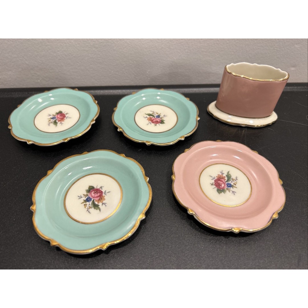Vintage Royal Bayreuth Germany US Zone Butter Pat Scallop Pink Green 5 Pcs