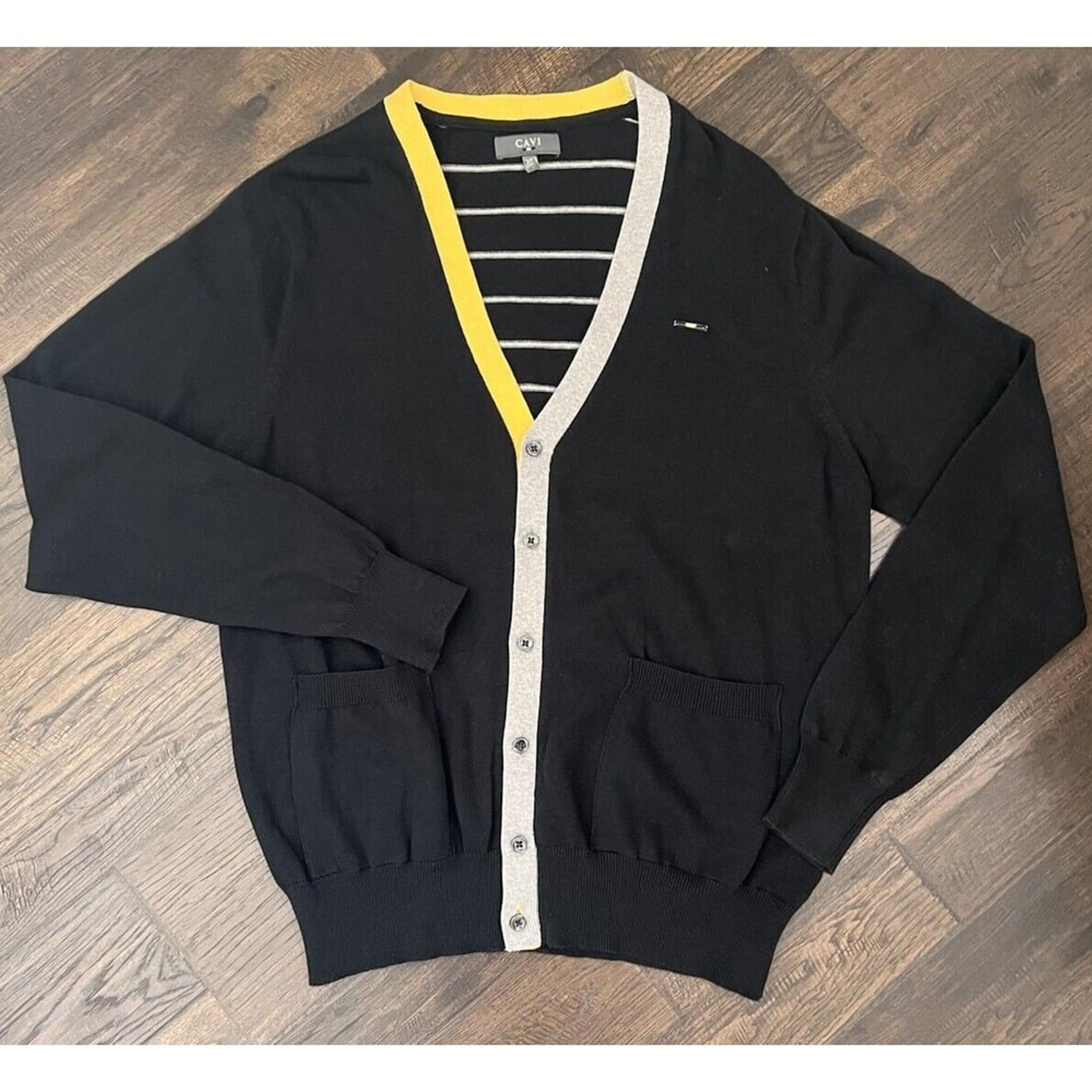 Cavi Men's Button-Front Cardigan Sweater XL Y2K Grunge Skater Black Prep Striped