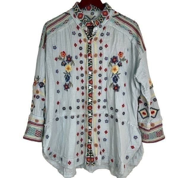 Johnny Was Florence Boho Embroidered Gauzy Cotton Tunic Top Womens Medium Artsy