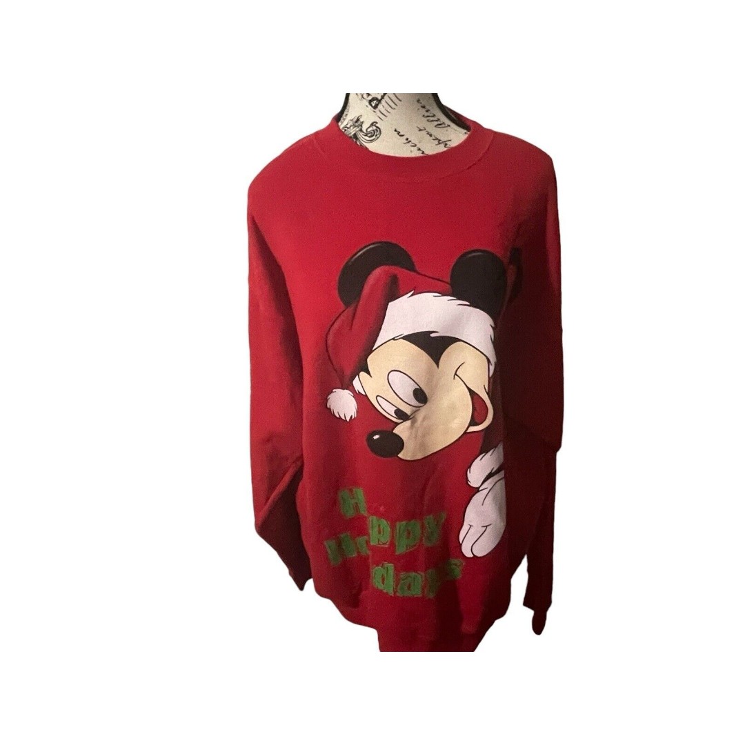 VTG Disney Designs Mickey Mouse Happy Holidays Red Sweatshirt Sz Large RARE