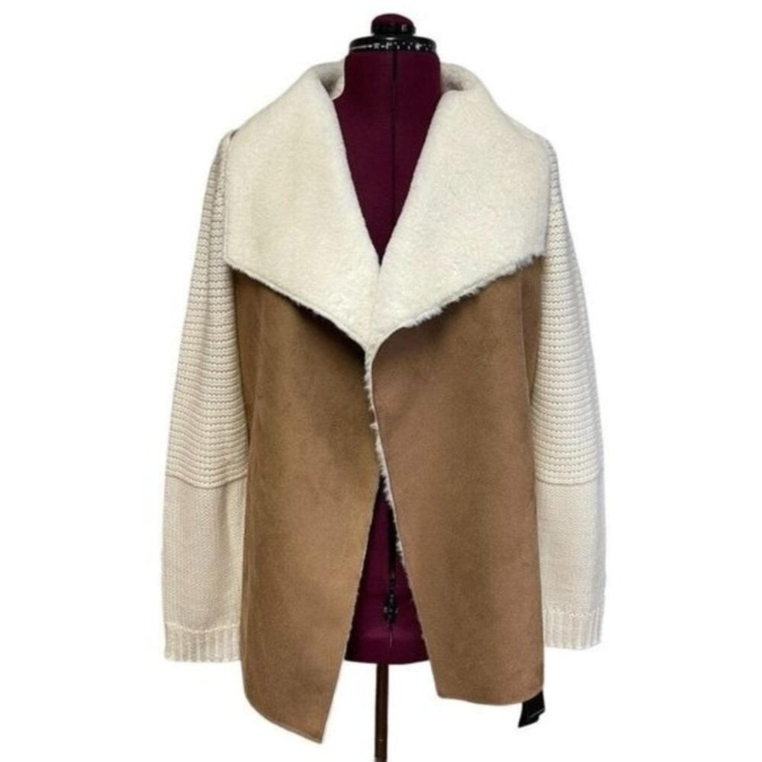 Fever Cardigan Faux Fur Collar Open Front Sweater Coat Latte Ivory Women's Med