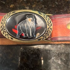 Vintage heratige solid brass black bear belt buckle and leather belt