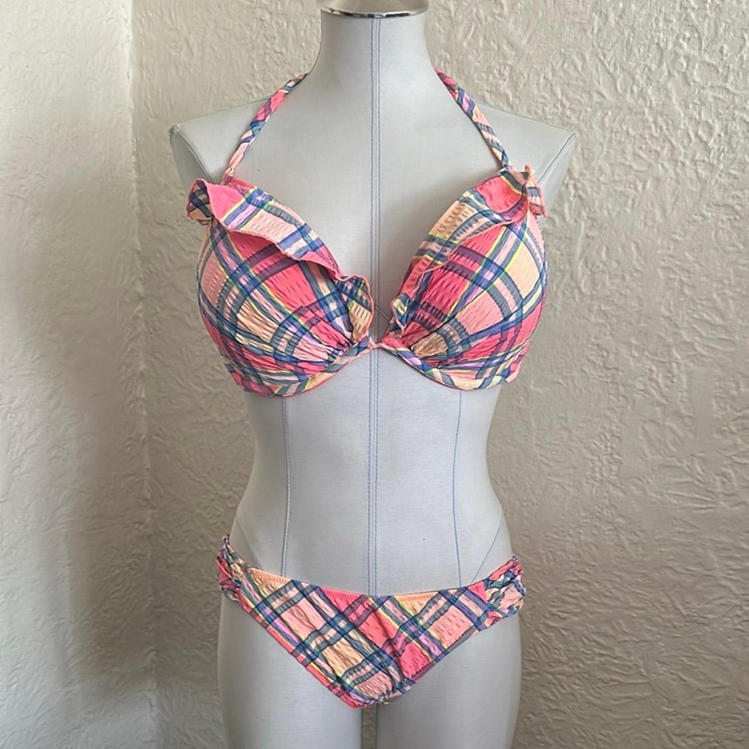 Victoria’s Secret Madras Plaid Textured Ruffle Coral Pink Orange Blue Bikini 38D