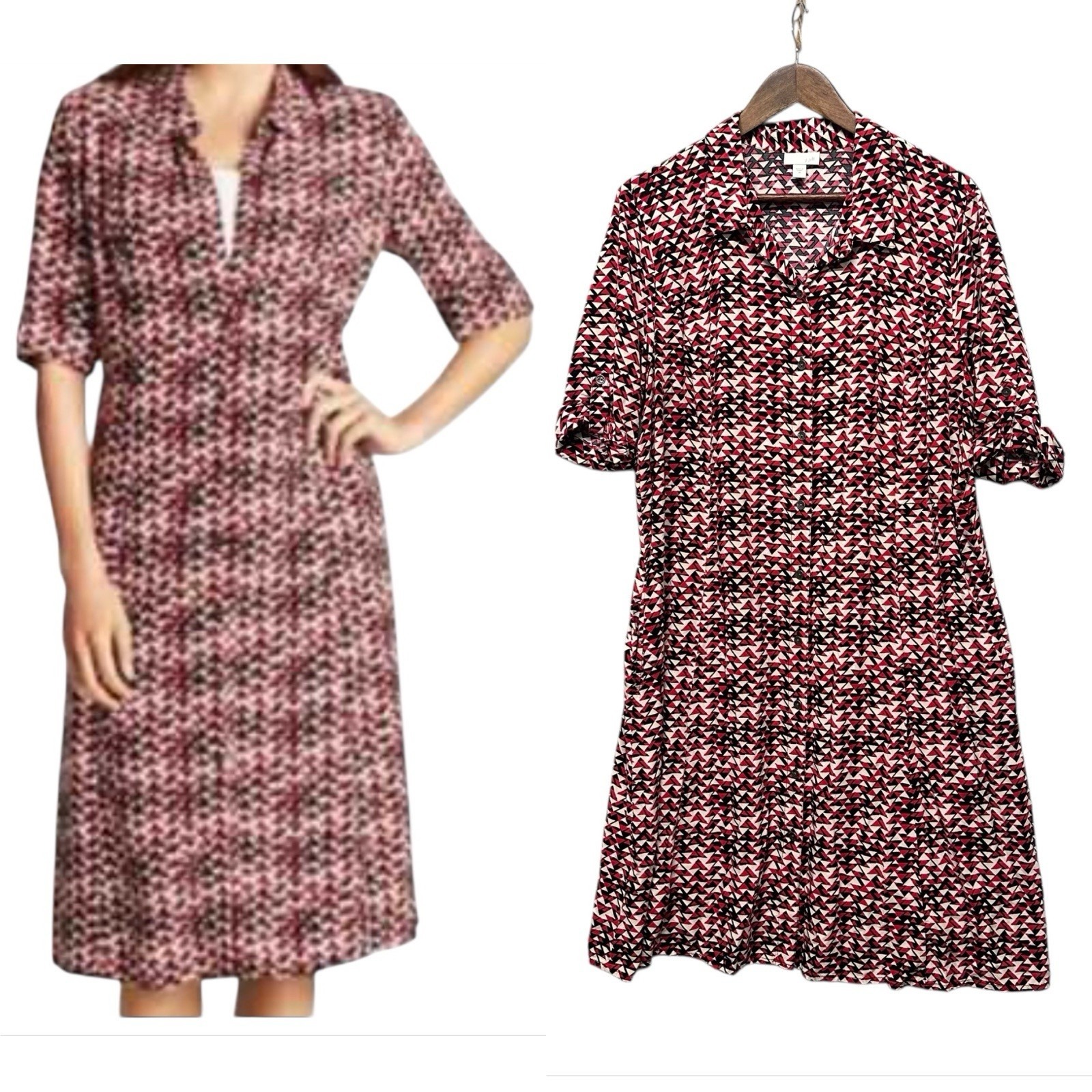 J Jill Womens Shirt Dress Size 18 Geometric Print Button Front Side Pockets Red