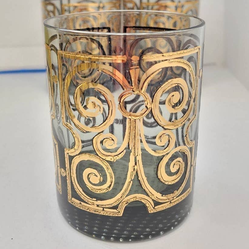Vintage Gold and Black Scroll on Smoke 2 Old Fashioned Glasses Drinkware