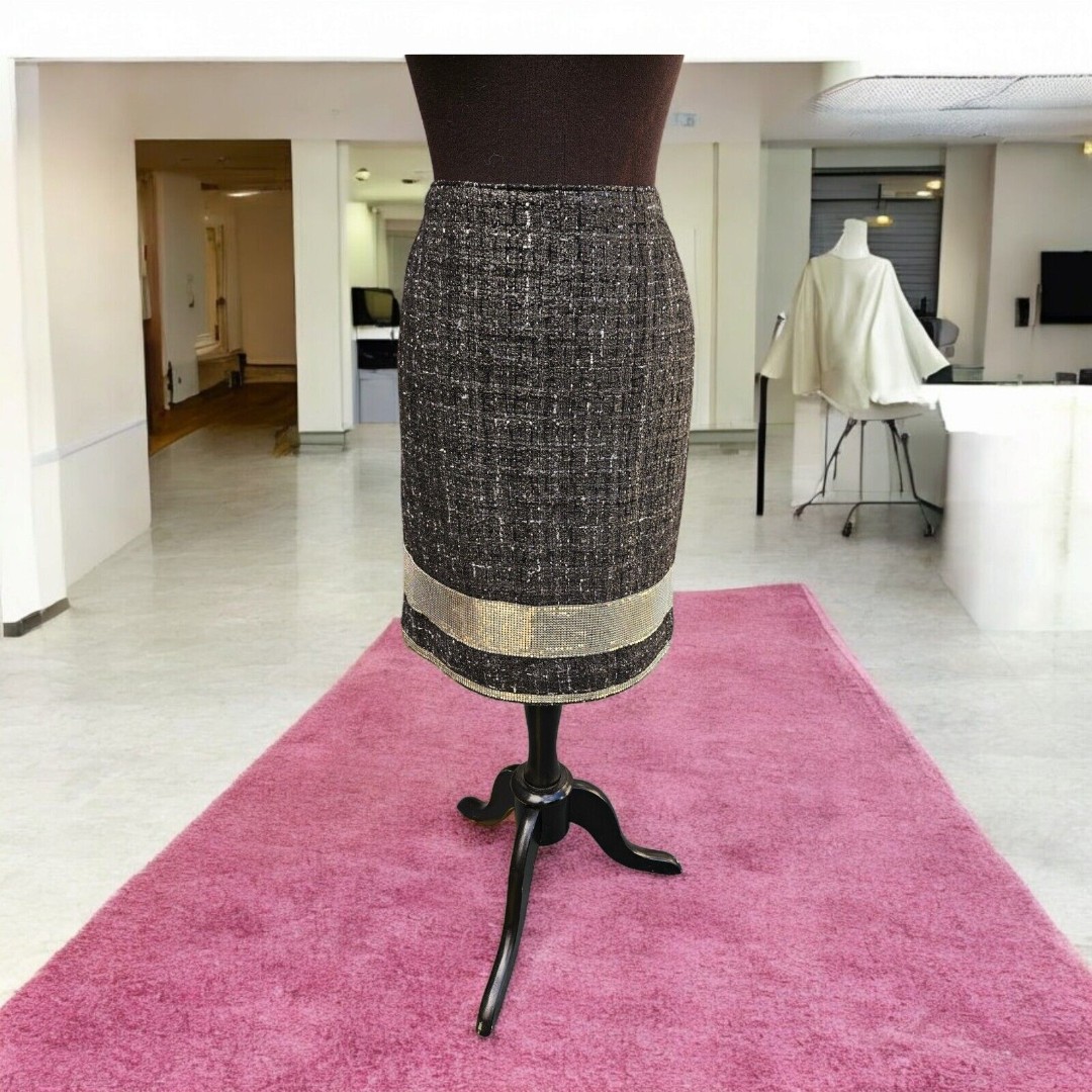 Per Se Black Silver Mesh Pencil Skirt Wool Silk Blend Metallic Career Classy 6
