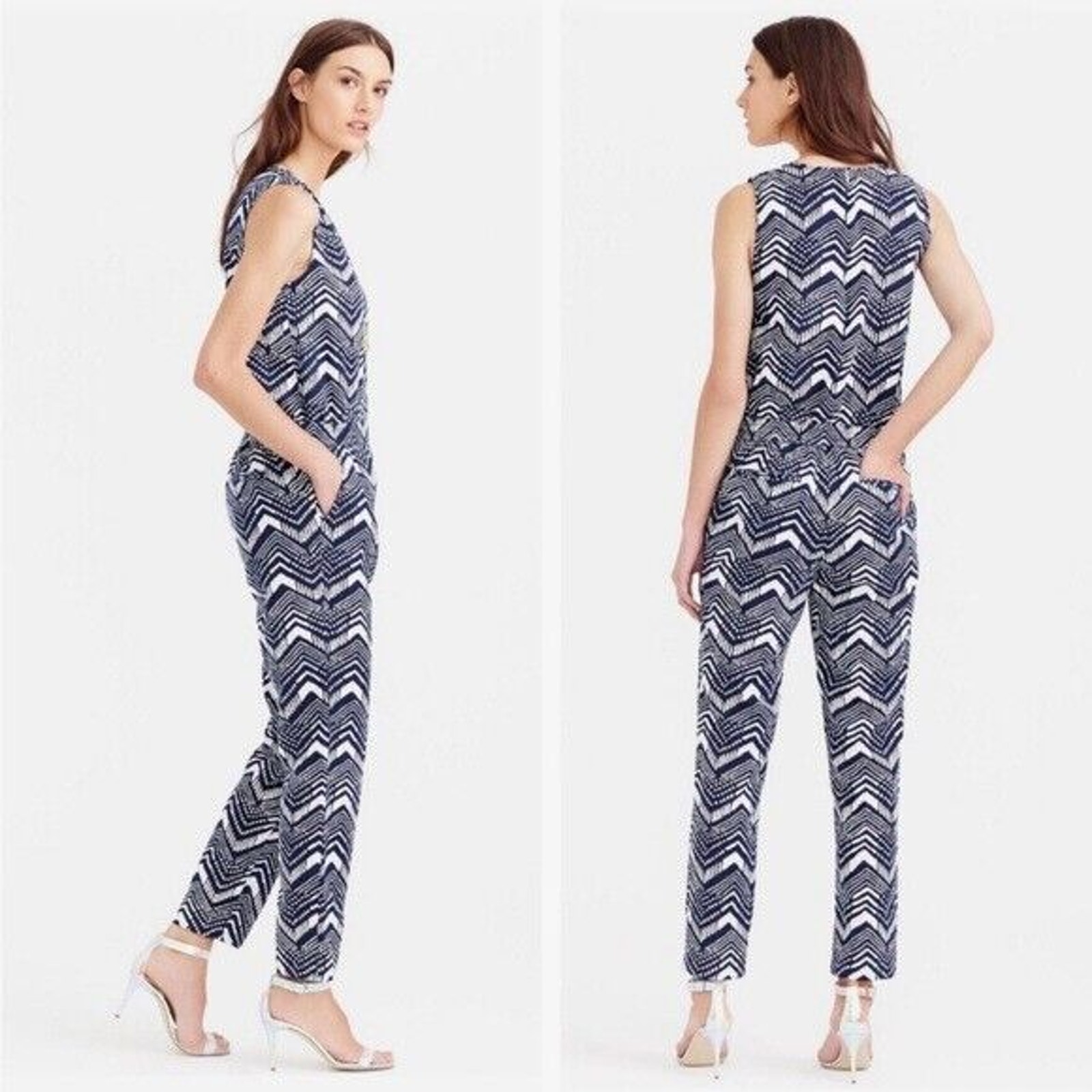 J Crew Cute Linen Zig-Zag Navy and White Print Sleeveless Jumpsuit Romper Size 0