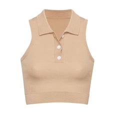SER.O.YA Serena Collared Knit Top Croissant Tan Sweater Cropped Sleeveless L