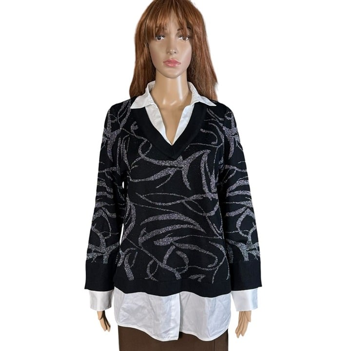 New Chico's Knit Woven Ribbon Print Sweater Size 1 US M