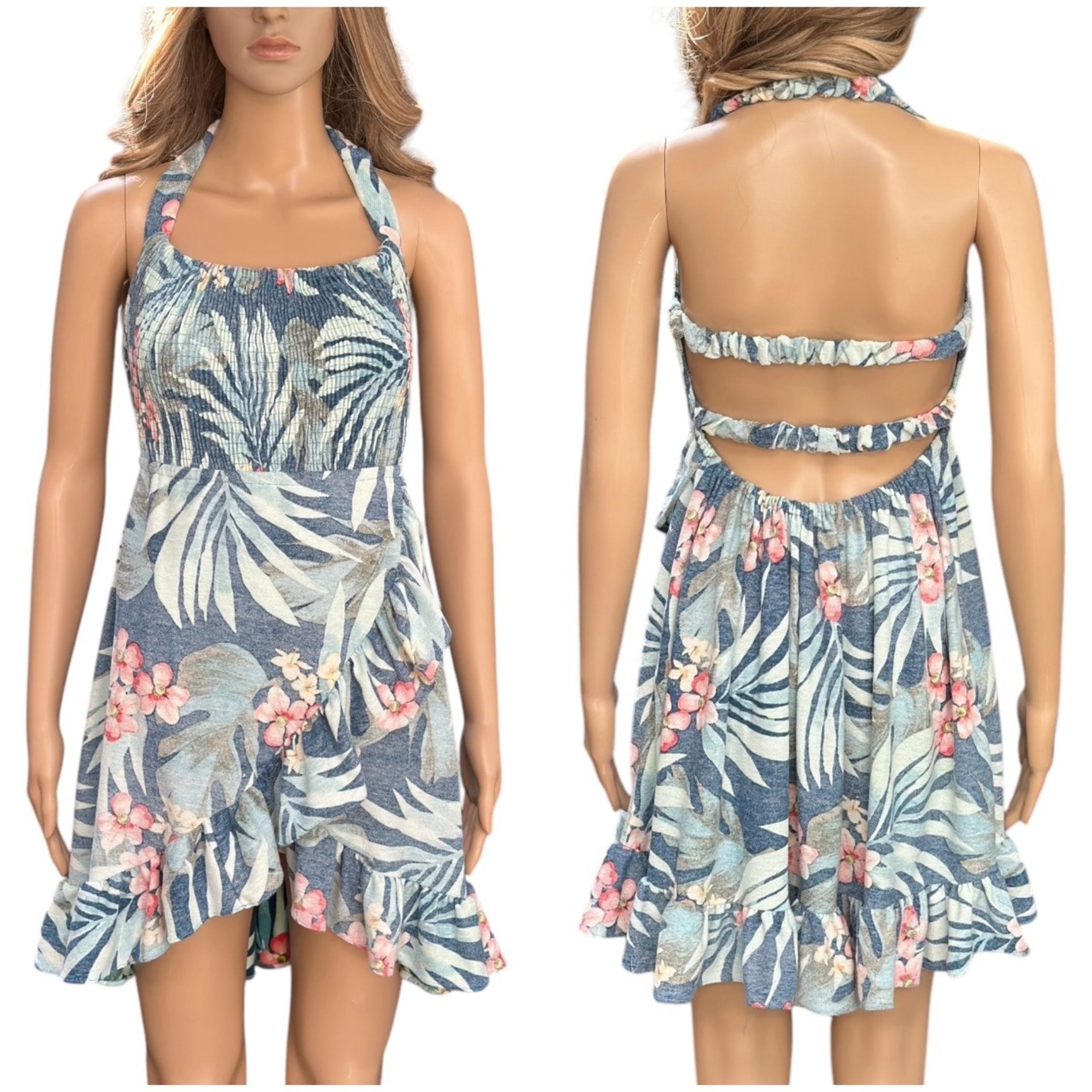 Hawaiian Terry reverse print wrap mini coverup dress smocked babydoll y2k XS