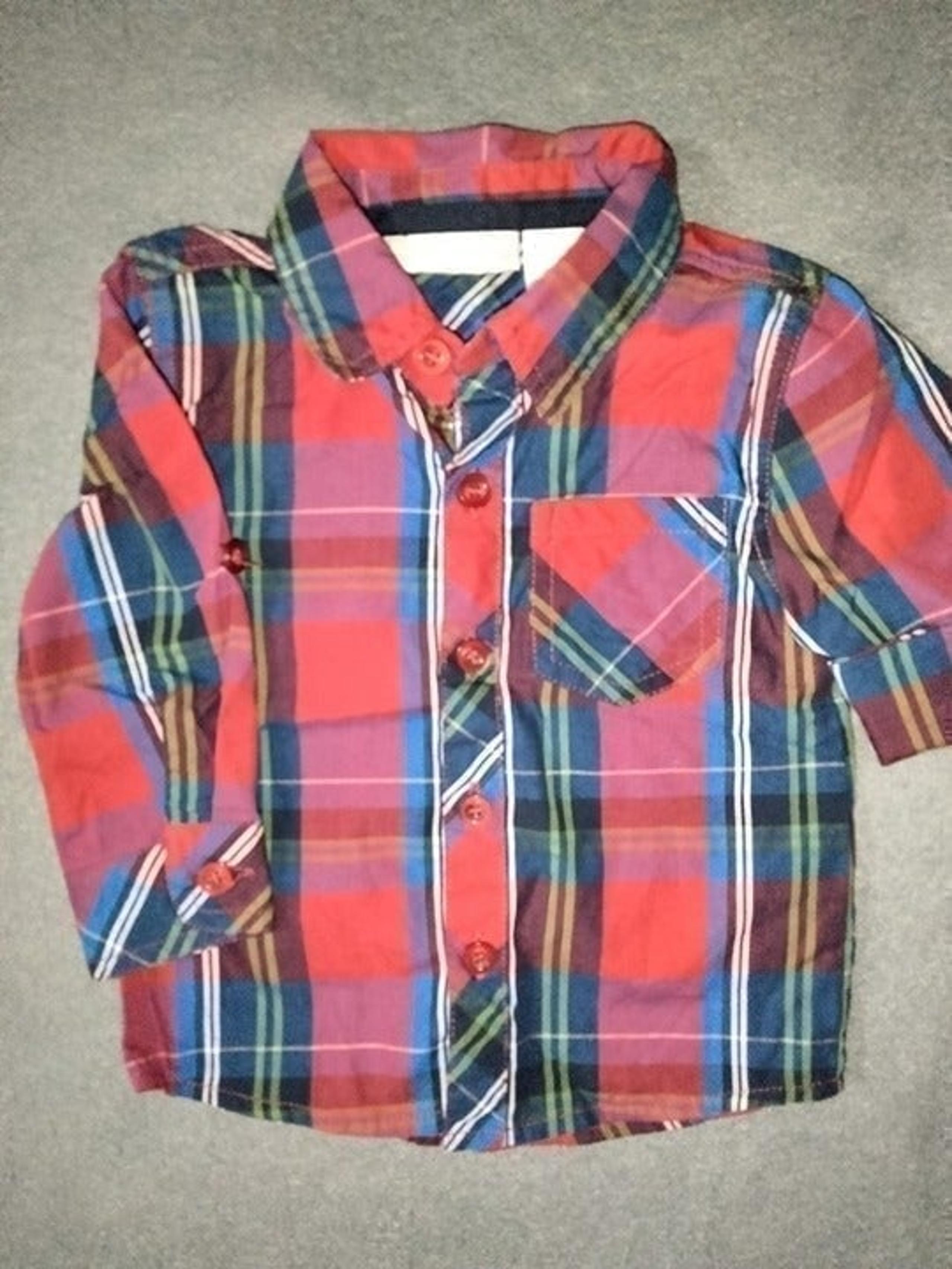 Boys red blue plaid button down collared shirt size 6-9 months