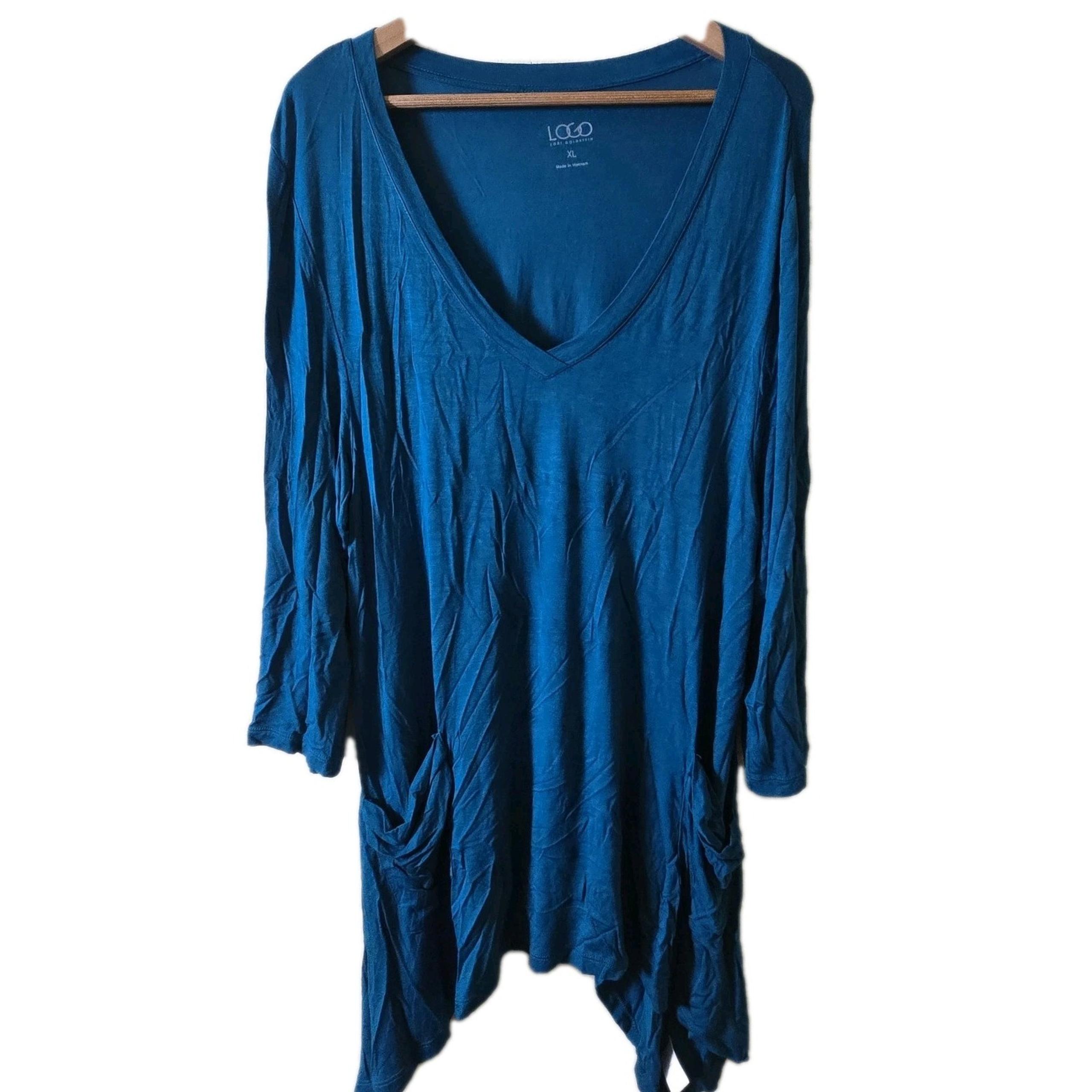 LOGO Lori Goldstein V-Neck Pocket Tunic Top Blue 3/4 Sleeve Solid Womens XL