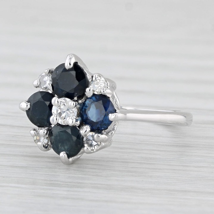 1.70ctw Blue Sapphire Diamond Flower Ring 10k White Gold Size 5.5