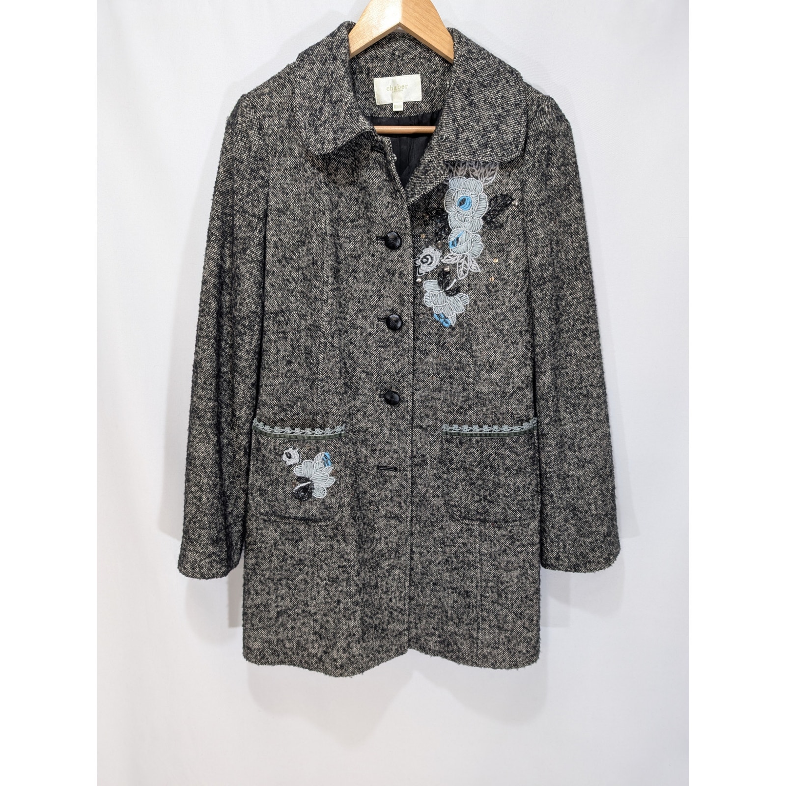 Chaber Wool Blend Embroidered Tweed Coat Gray Black Floral Beaded Longline XS-S