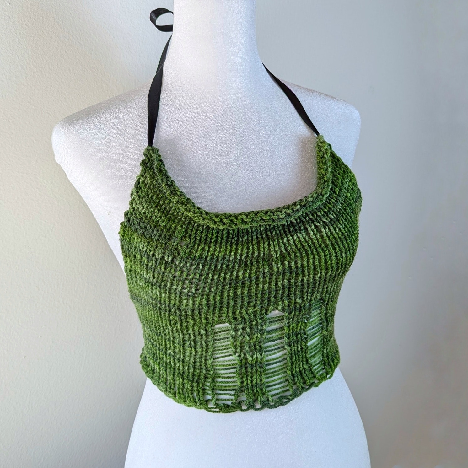 Green Distressed Fairy Fairygrunge Handmade Crop Cowl Neck Knit Top XS/S/M